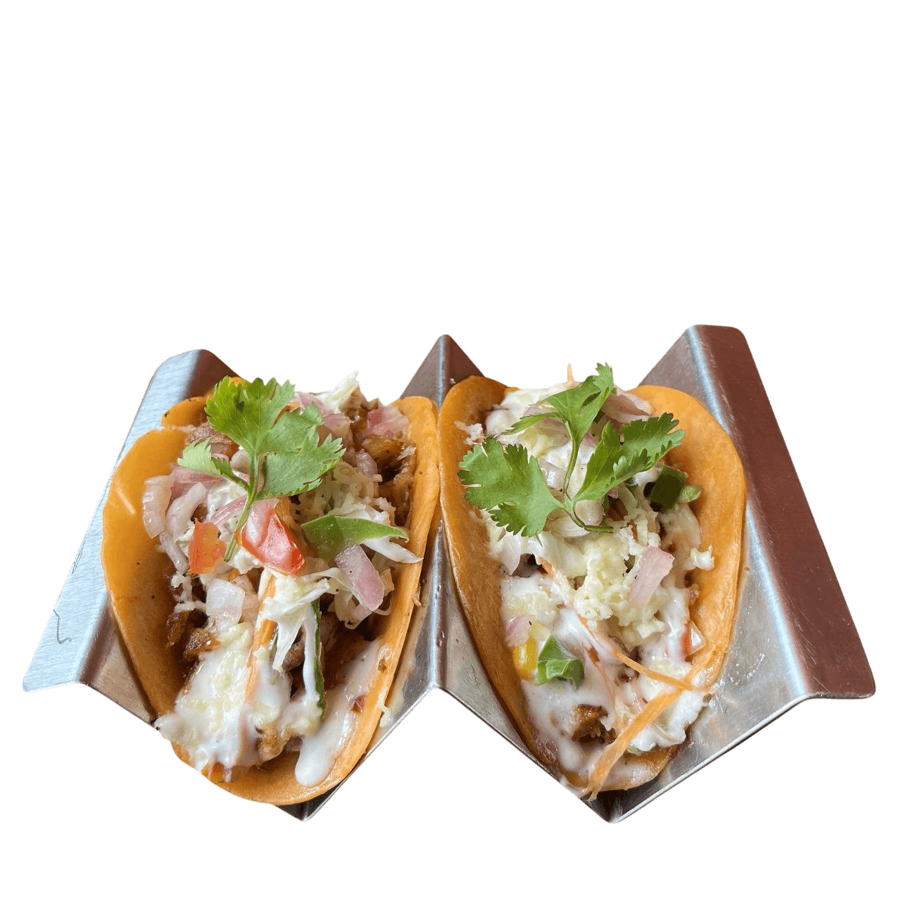 Two loaded Sloppy Chiken tacos served in a metal taco holder